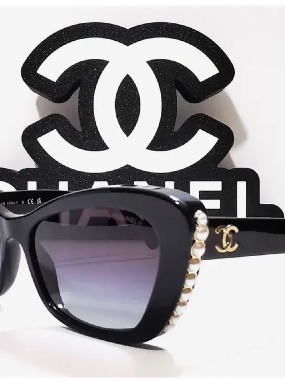 CHANEL Black Pearl-Embellished Cat-Eye Sunglasses with Gold CC